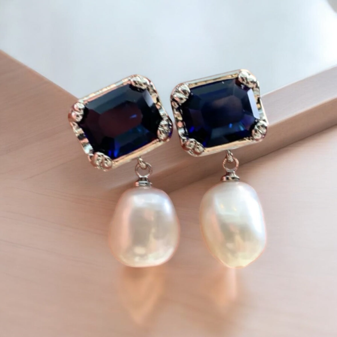 Blue stone pearl earrings